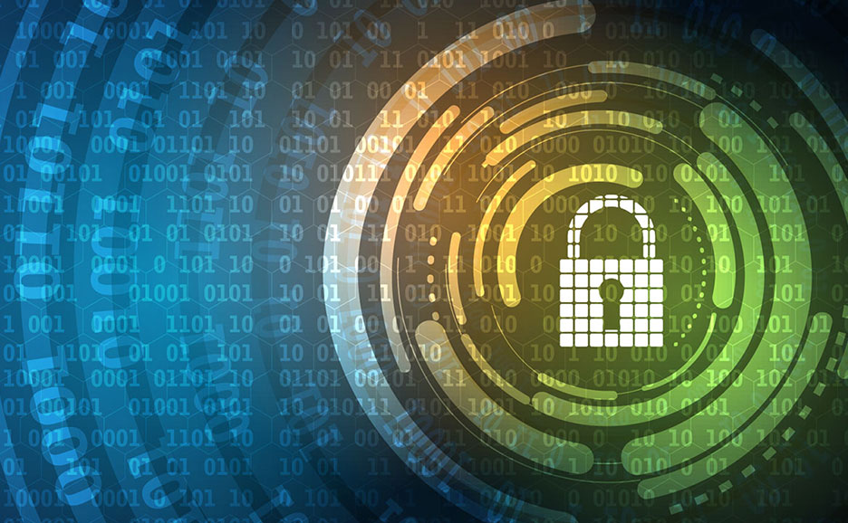 サイバーセキュリティの概念を表す抽象的なイラスト。デジタルデータと南京錠のアイコンが描かれています。