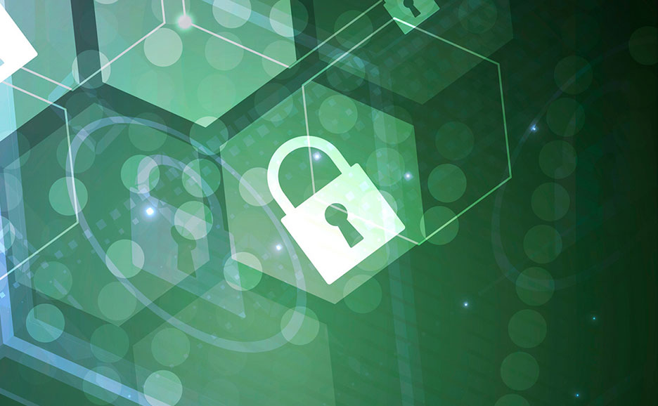 セキュリティを視覚化した抽象的な背景。緑色の六角形と白い南京錠のアイコンが、データ保護の重要性を強調しています