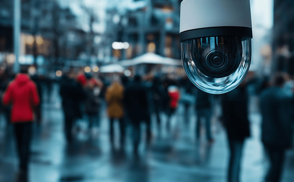 多くの人が行き交う屋外の場所に設置された監視カメラのクローズアップ