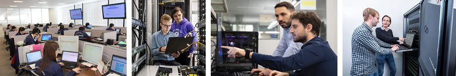 カスタマーサポート、データセンターでのサーバ管理、協力による問題解決に取り組む人々の様子