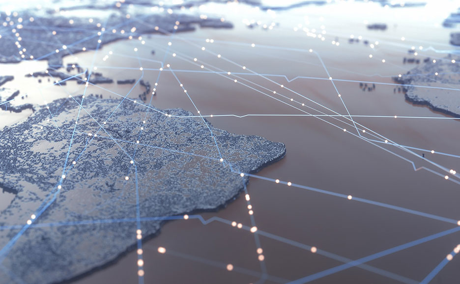 光る線と点が世界地図上を横断する様子を描いた画像