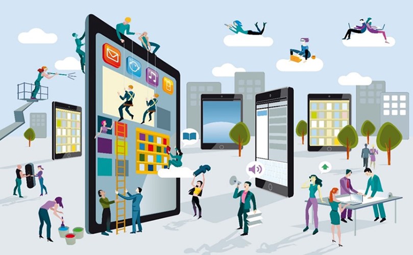 A group of people working on a mobile device