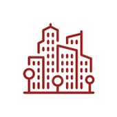 A red line drawing of a city