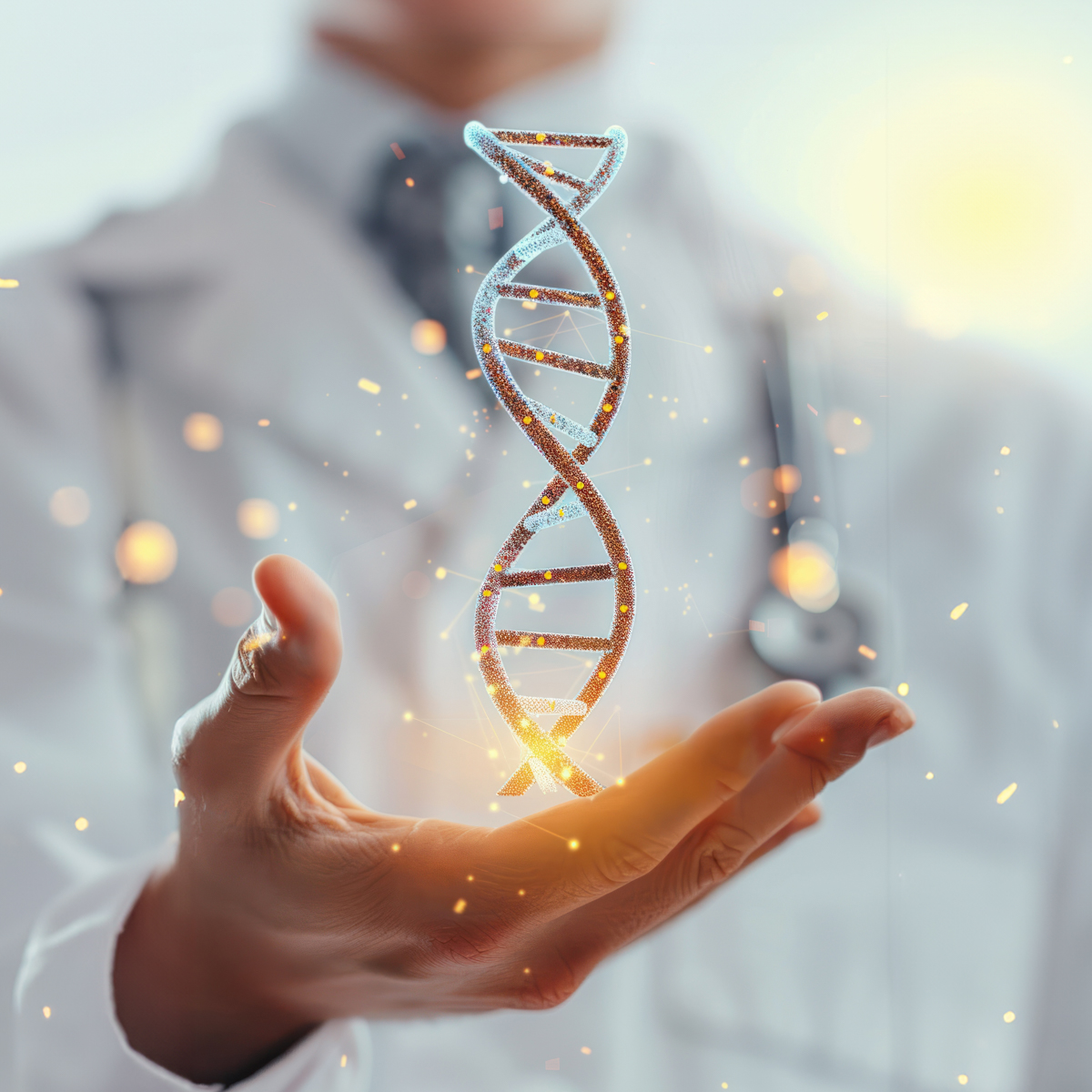 Image of a gene rising from a doctor's hand.