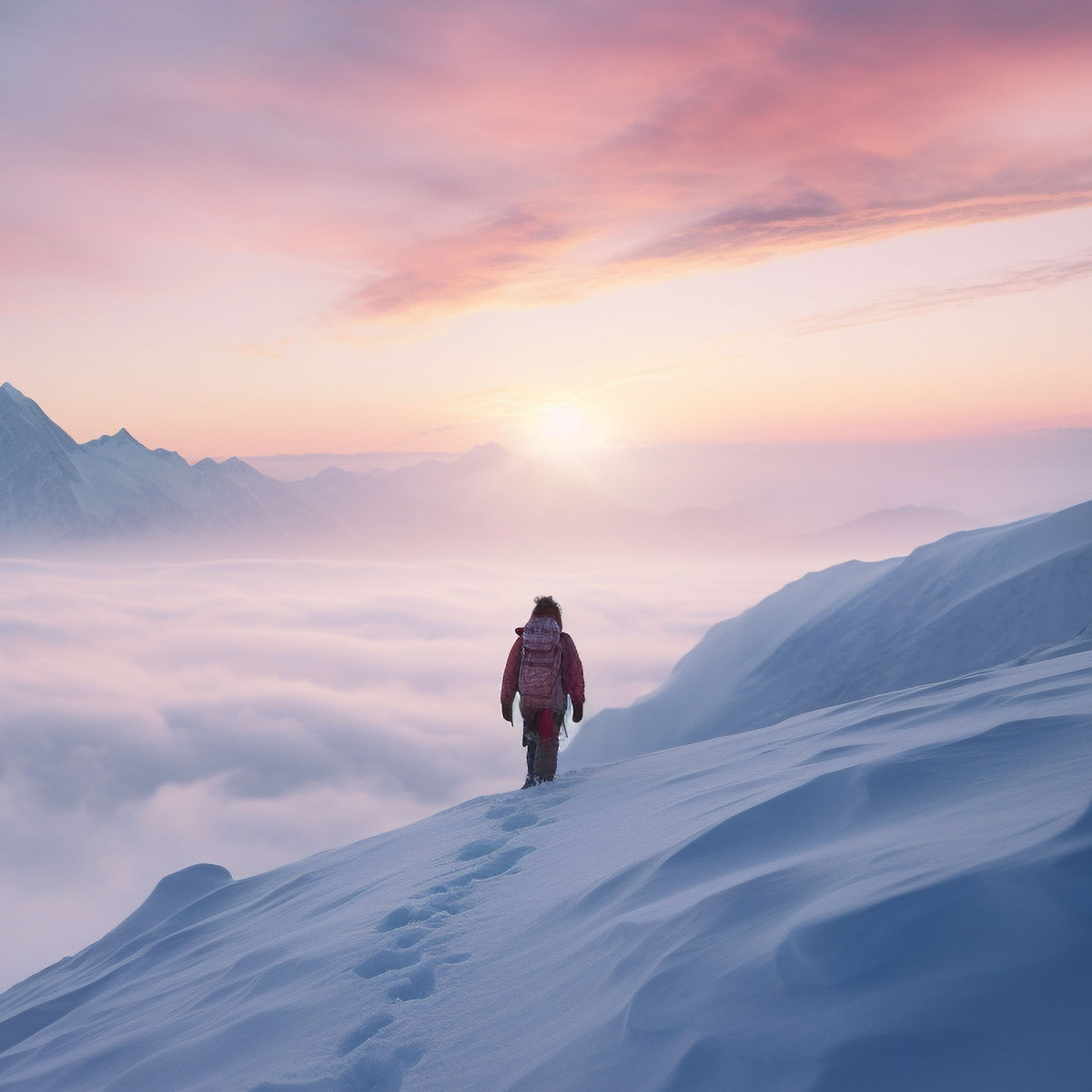  Climbers heading towards the morning sun in a snowy mountain.
