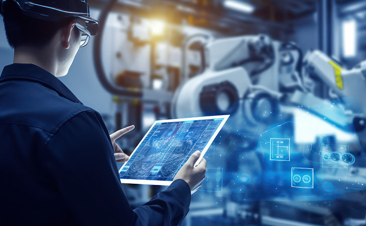 ロボットアームをタブレットで操作する作業員