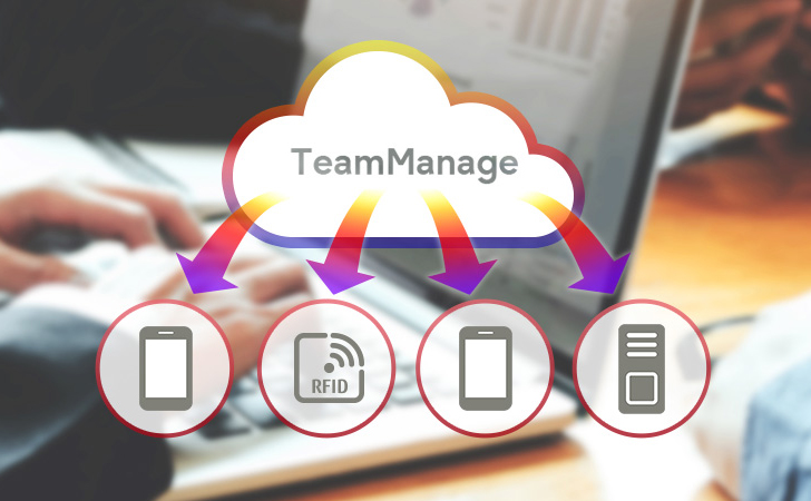 ラップトップPCを操作する背景に浮かぶTeamManageのクラウドアイコン,スマートフォン、RFID、サーバーのアイコンへ情報を下す図