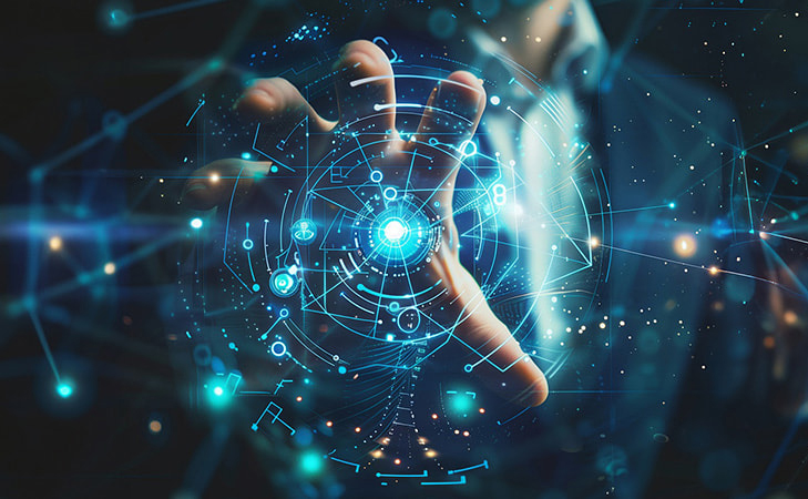 突き出した手のひらにオーバーレイするネットワークのイメージ