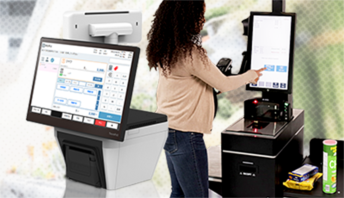 A woman using a self-checkout