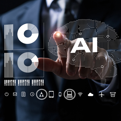 AIと書かれた脳のイメージグラフィックをタップするスーツ姿の男性