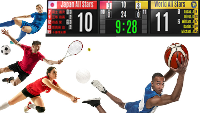 得点表示ボードとサッカー,テニス,バレーボール,バスケットの選手が飛ぶ