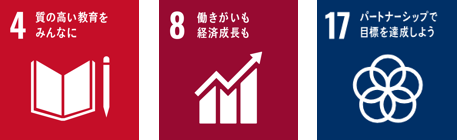 目標4 質の高い教育をみんなに　目標８　働きがいも経済成長も　目標１７　パートナーシップで目標を達成しよう