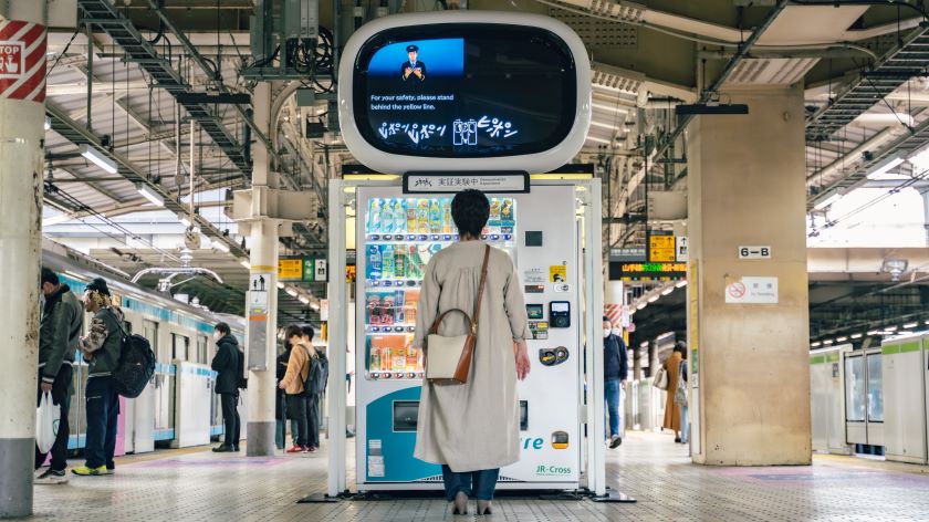駅のホームで、女性が自動販売機上のエキマトペを見ている。エキマトペのディスプレイには、電車の扉が閉まるイラストと「ピポンピポン」の手書き文字。アナウンスの手話映像と英語字幕も表示されている