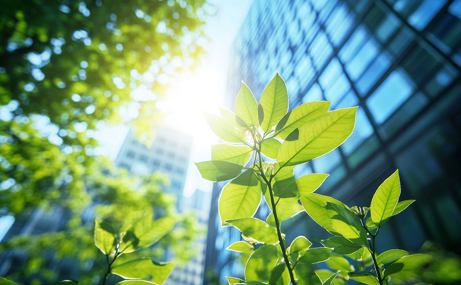 オフィス街で、明るい日差しの中、葉が茂る木が建物の前にある。