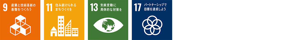 SDGs目標9 産業と技術革新の基盤をつくろう SDGs目標11 住み続けられるまちづくりを SDGs目標13 気候変動に具体的な対策を SDGs目標17 パートナーシップで目標を達成しよう