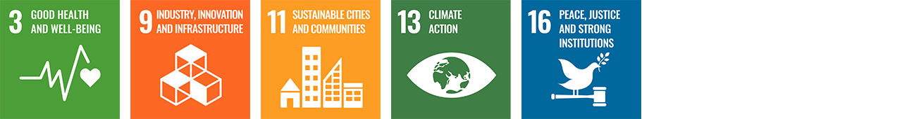 SDGs No.9 Good health and well-being SDGs No.9 Industry, innovation and infrastructure SDGs No.11 Sustainable cities and communication SDGs No.13 Climate action SDGs No.16 Peace, justice, and strong institutions