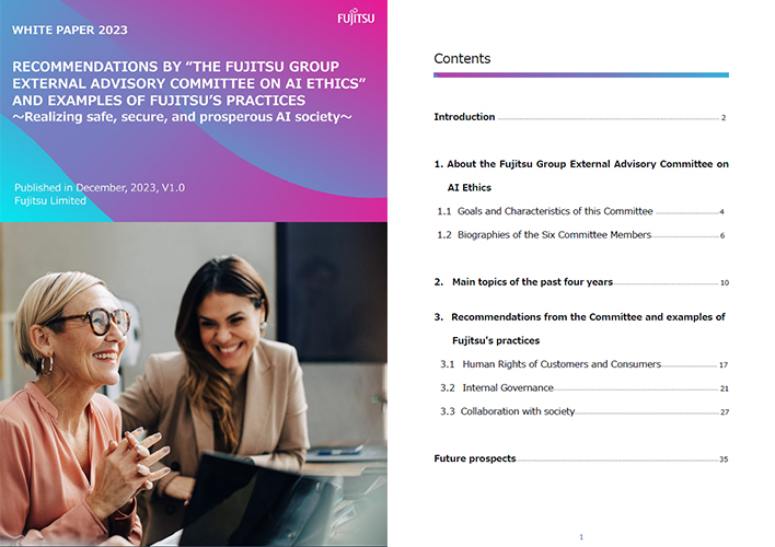 PDF thumbnails of RECOMMENDATIONS BY "THE FUJITSU GROUP EXTERNAL ADVISORY COMMITTEE ON AI ETHICS" AND EXAMPLES OF FUJITSU'S PRACTICES