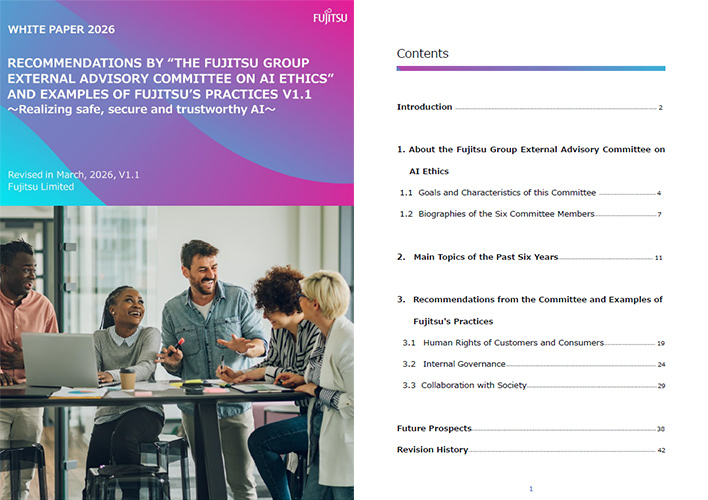 PDF thumbnails of Recommendations by “the Fujitsu Group External Advisory Committee on AI Ethics” and Examples of Fujitsu's practices