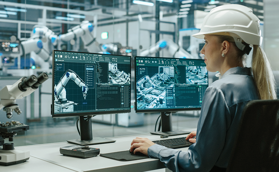 Eine Fachkraft mit Schutzhelm arbeitet vor Monitoren mit Darstellungen industrieller Roboter in einer modernen Fabrikhalle