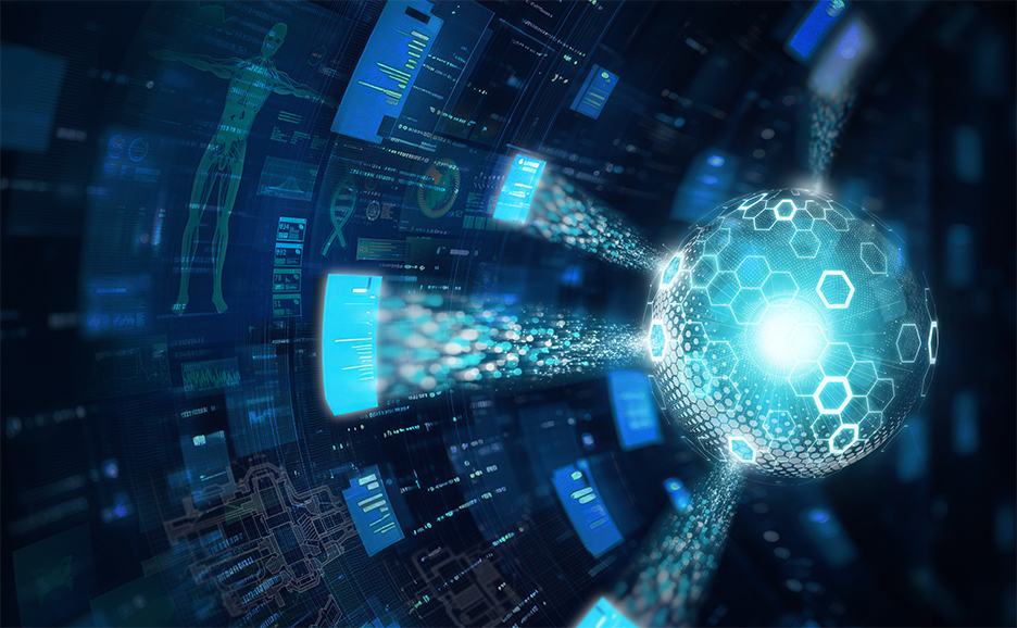 Digital network representing generative AI and AI agents connecting data to drive future business innovation.