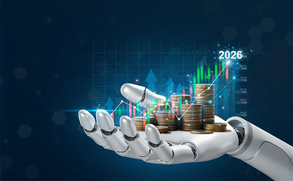 AIと金融テクノロジーの融合を表現したロボットアームと積み上げられた貨幣のイメージ