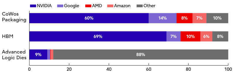 Share of key AI chip supply chain inputs consumed by major AI chip designers in 2025, by value. NVIDIA accounts for 60% of CoWoS packaging demand and 69% of HBM demand, while advanced logic die consumption is largely attributed to other companies at 88%.