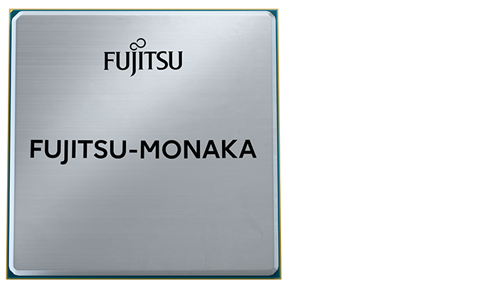 「FUJITSU」と「FUJITSU-MONAKA」の文字が書かれた、長方形の銀色のチップ。