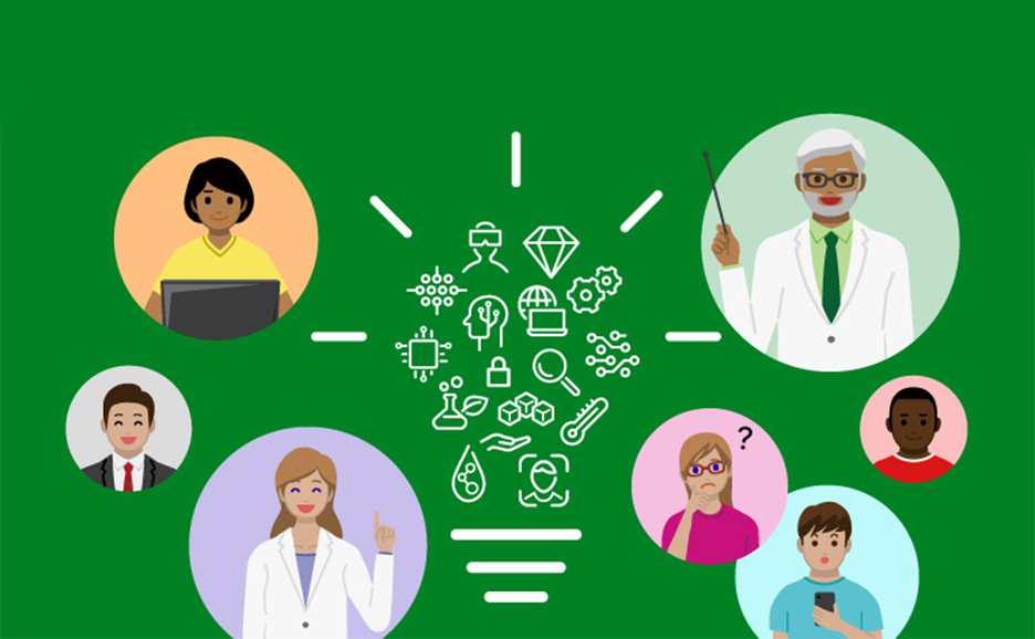 様々な人々がテクノロジーや研究などのアイデアを中心に集まっている様子を表したイラスト