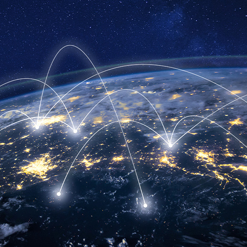 Earth from space: night city lights and glowing connection lines photo.