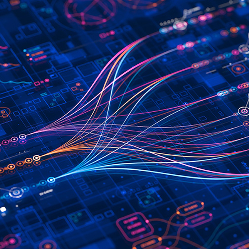 Digital data flow visualization: colorful lines and dots on blue photo.