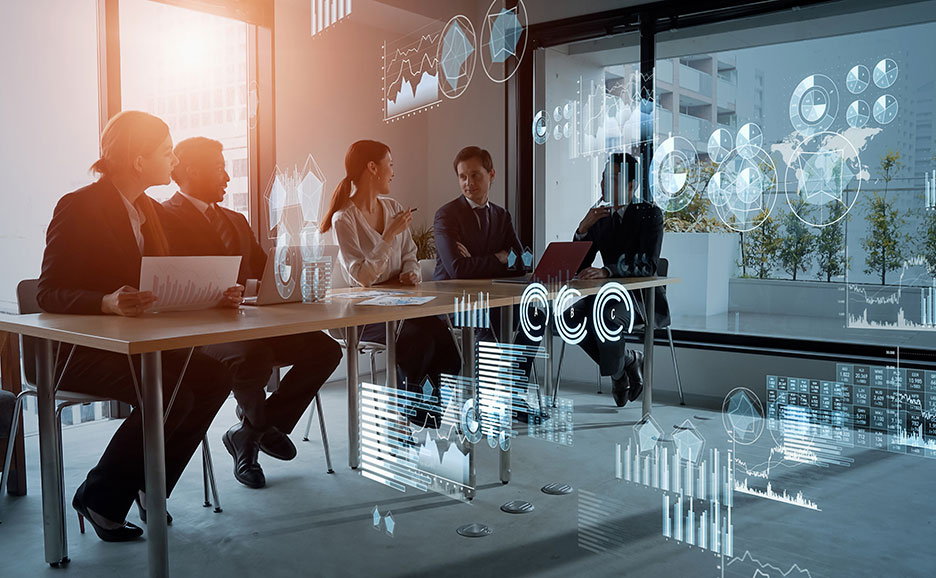 a businessperson who analyzes data in a conference room