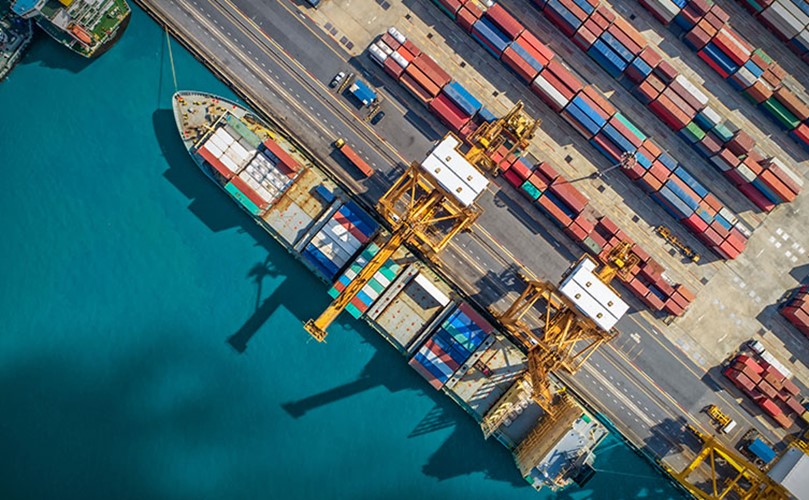 top view of a container ship docked