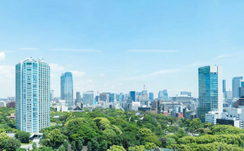 A city surrounded by green trees on a sunny day