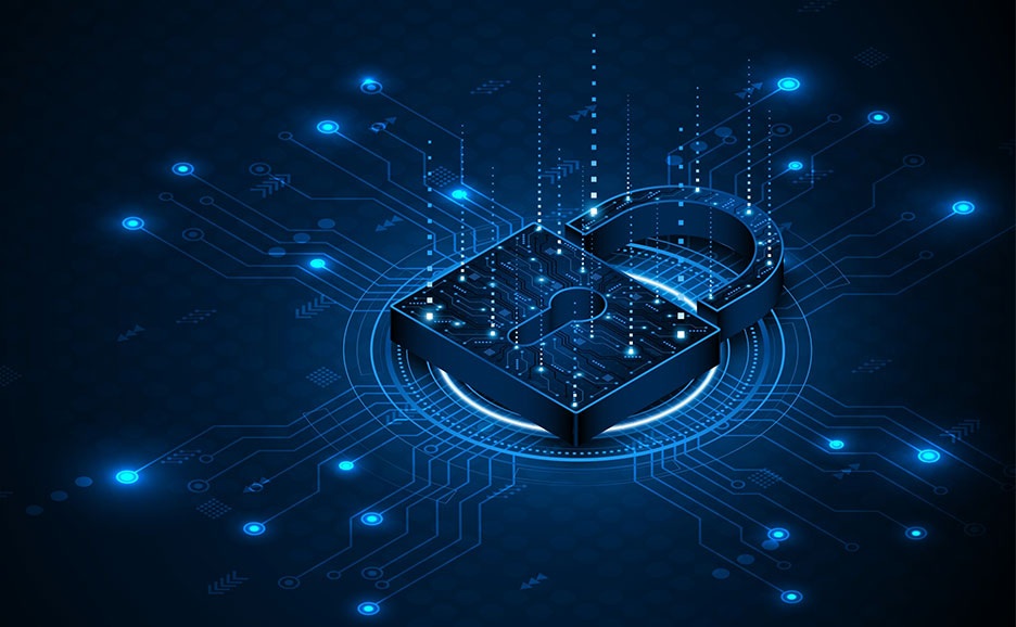 Padlock with keyhole on digital circuit board.