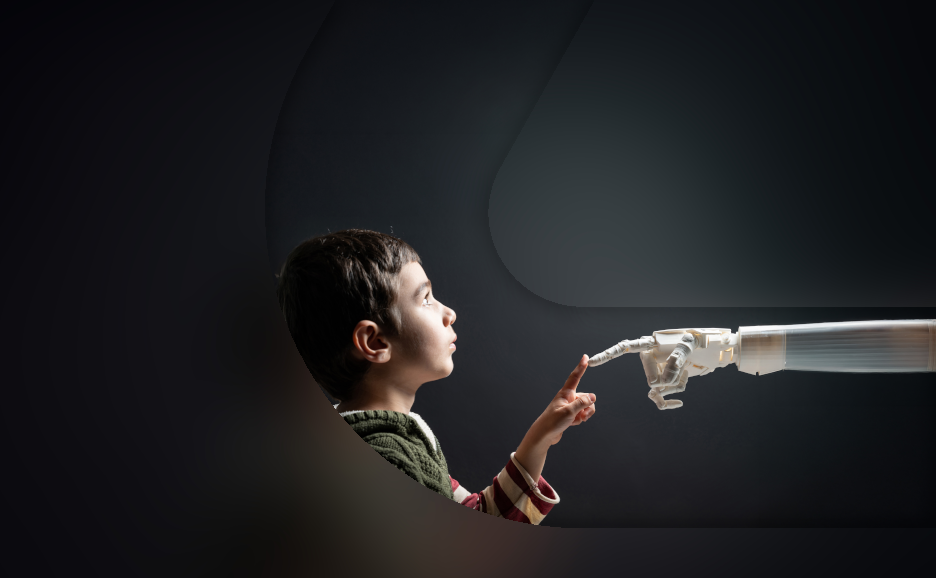 Child and robot hand touching fingers. AI and human interaction.