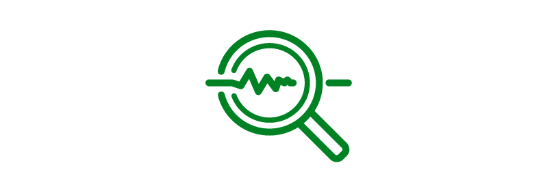 Green magnifying glass icon enlarging a waveform, symbolizing data analysis/investigation.