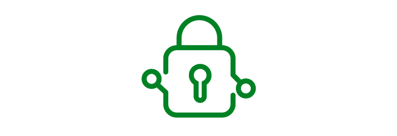 Green padlock icon with connections, representing security and protection.