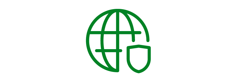 Green globe and shield icon, representing global internet security.