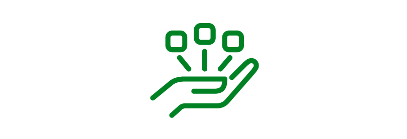Green icon of a hand with three square elements extending from its palm, representing data or choices.