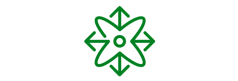 Green icon of a central point expanding like an atomic orbit, with arrows in four directions.