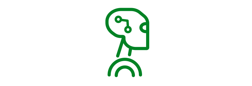 Green robot head and torso icon, representing artificial intelligence or technology.
