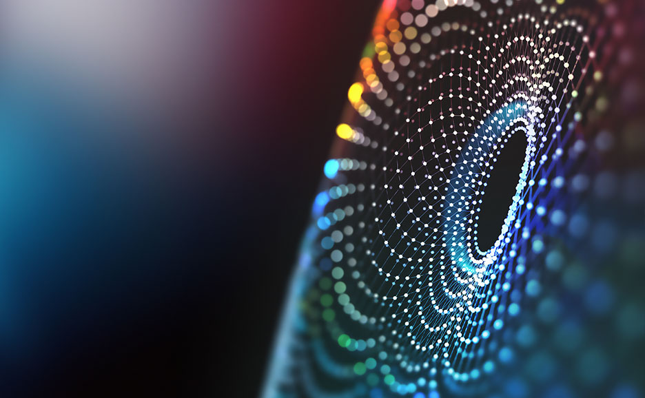 Abstract pattern of glowing dots and lines in blue, purple, and orange on a black background.
