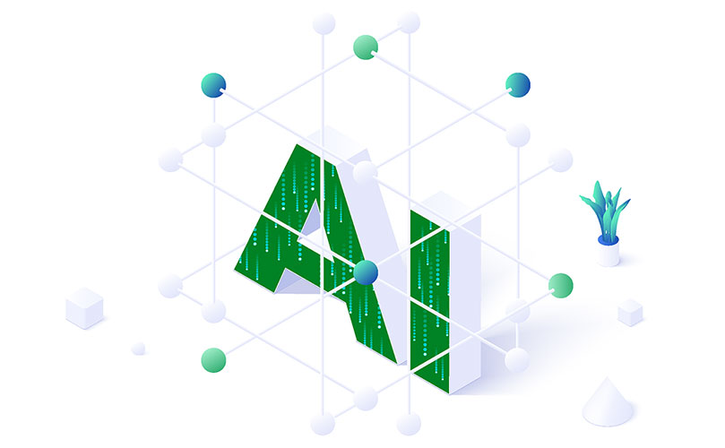 Illustration of "AI" in green circuit patterns, surrounded by a data network.
