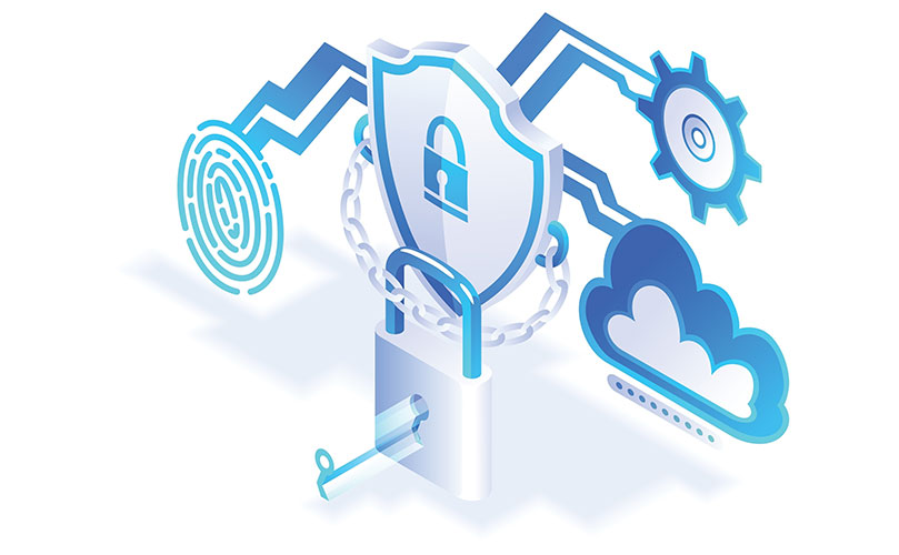 Cybersecurity concept with a key, shield, fingerprint, gear, and cloud icons.