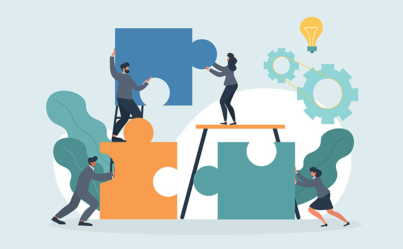 Illustration of people collaborating to assemble a puzzle, brainstorm ideas, symbolizing teamwork and solutions.